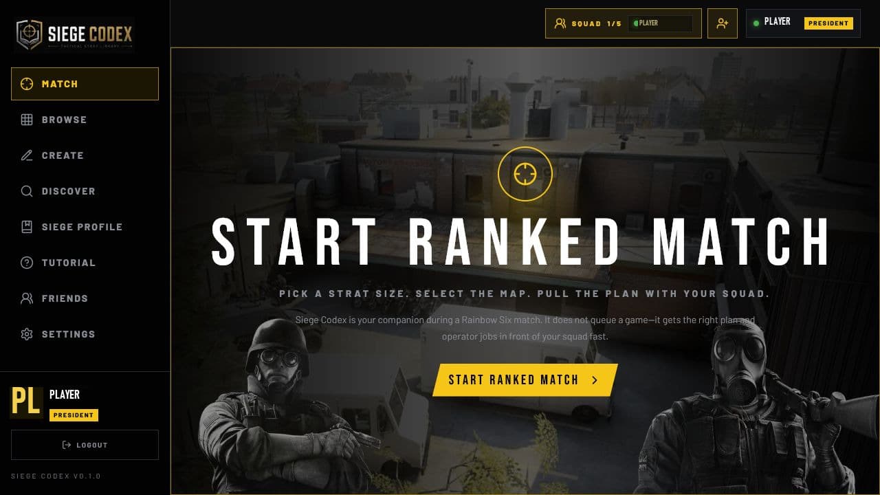 The Siege Codex main menu with the start ranked match button