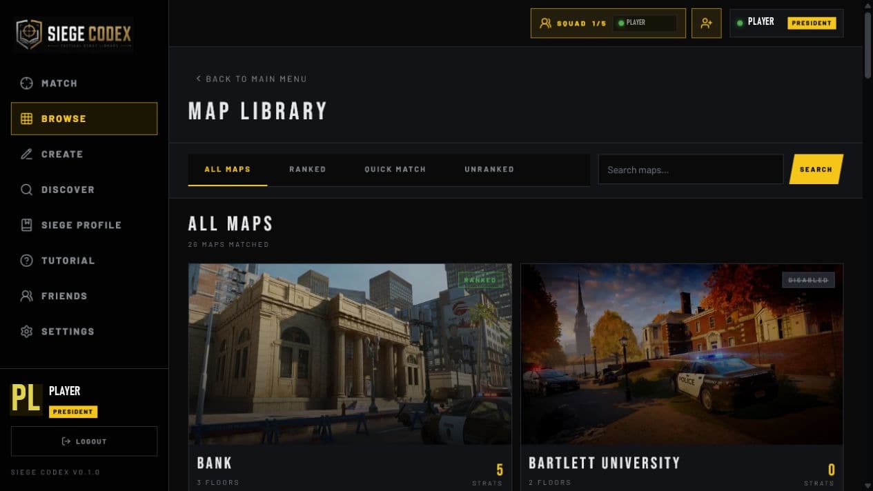 The Siege Codex map browser showing maps with published strat counts